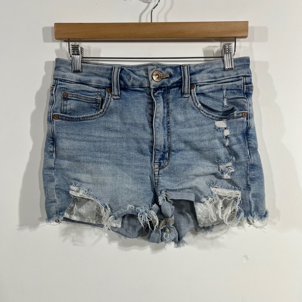 American Eagle Curvy Hi-Rise Shortie Distressed Denim Shorts Light Wash Womens 6